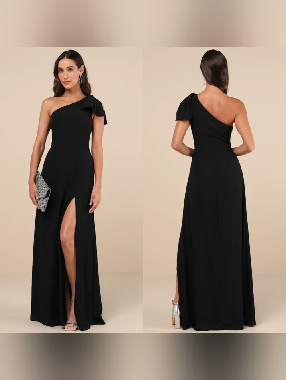Lulus Simply Brilliant Black One-Shoulder Bow Maxi Dress Wedding Party Formal